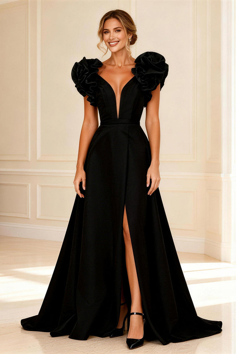 Load image into Gallery viewer, Black V-Neck A-Line Long Mother of the Bride Dress with Ruffles