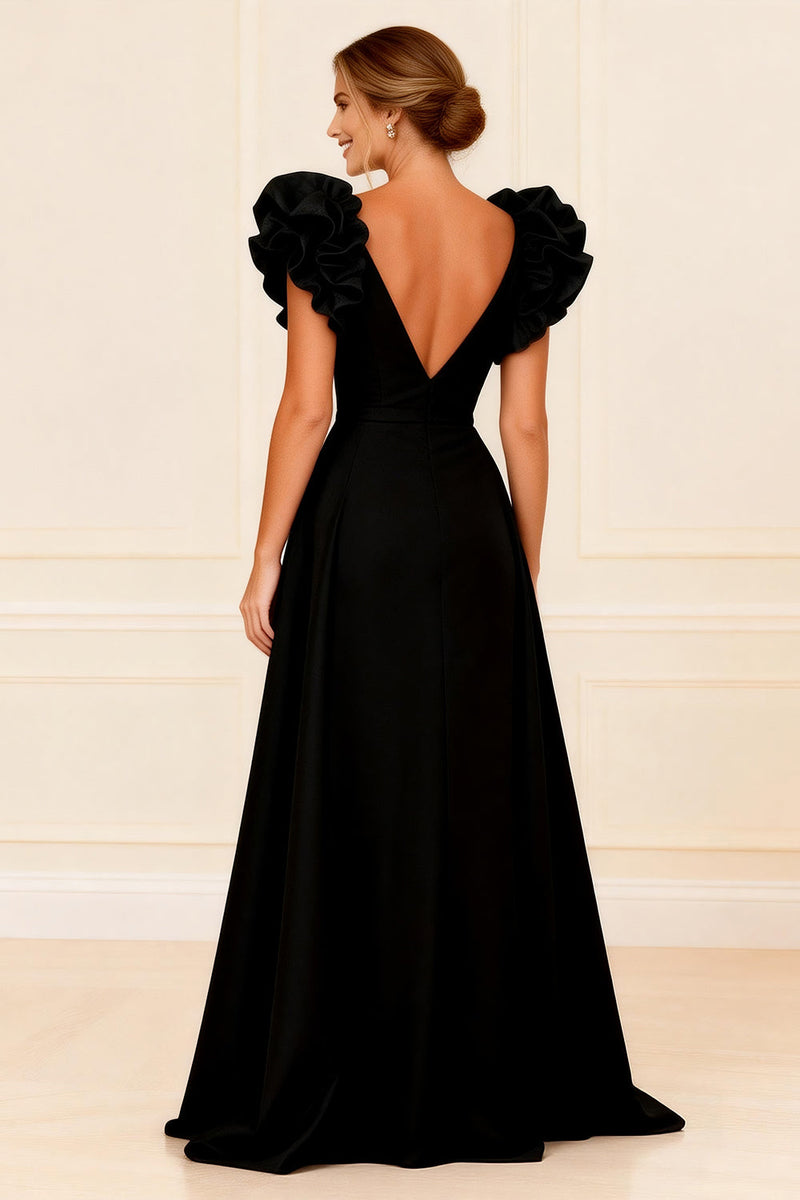 Queendancer Women Black Maxi Mother of the Bride Dress with Slit A-Line