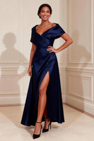 Load image into Gallery viewer, Off the Shoulder Navy A Line Long Mother of the Bride Dress with Slit