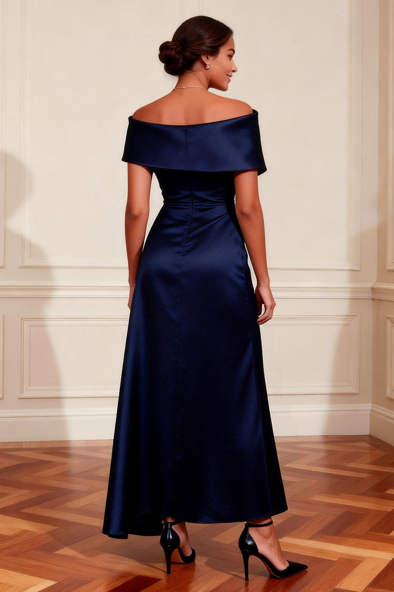 Load image into Gallery viewer, Off the Shoulder Navy A Line Long Mother of the Bride Dress with Slit