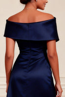 Load image into Gallery viewer, Off the Shoulder Navy A Line Long Mother of the Bride Dress with Slit