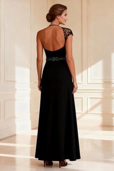 Sparkly Black Round Neck Long Sheath Mother of the Bride Dress with Slit