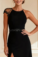 Load image into Gallery viewer, Sparkly Black Round Neck Long Sheath Mother of the Bride Dress with Slit