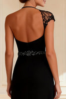 Load image into Gallery viewer, Sparkly Black Round Neck Long Sheath Mother of the Bride Dress with Slit