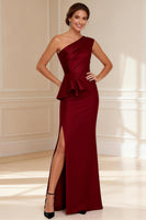Load image into Gallery viewer, One Shoulder Burgundy Mermaid Long Mother of the Bride Dress with Slit