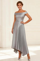 Load image into Gallery viewer, Off the Shoulder Silver Pleated Asymmetrical Mother of the Bride Dress