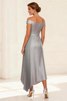Load image into Gallery viewer, Off the Shoulder Silver Pleated Asymmetrical Mother of the Bride Dress
