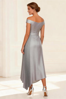 Off the Shoulder Silver Pleated Asymmetrical Mother of the Bride Dress