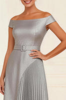 Load image into Gallery viewer, Off the Shoulder Silver Pleated Asymmetrical Mother of the Bride Dress