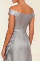 Load image into Gallery viewer, Off the Shoulder Silver Pleated Asymmetrical Mother of the Bride Dress