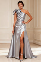 Load image into Gallery viewer, One Shoulder Silver A Line Long Mother of the Bride Dress with Bow