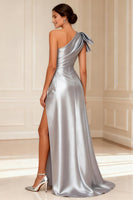 Load image into Gallery viewer, One Shoulder Silver A Line Long Mother of the Bride Dress with Bow