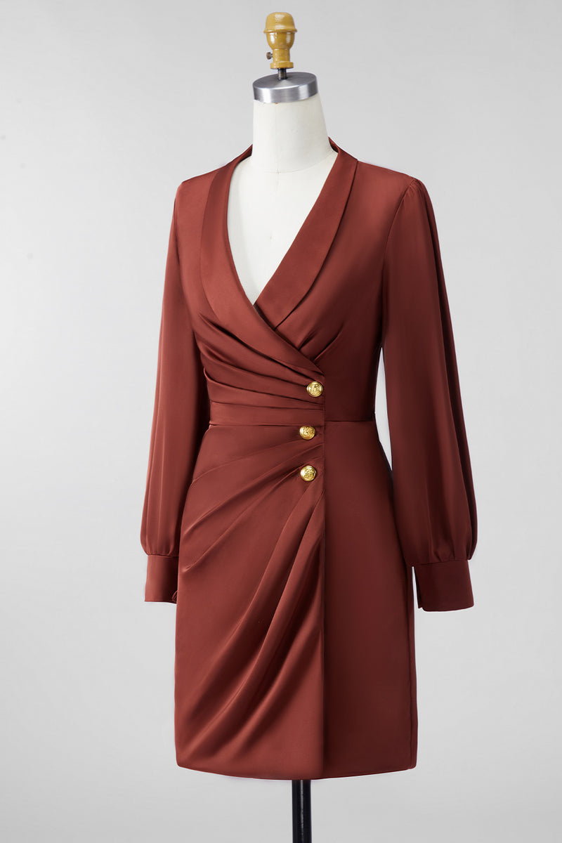 Load image into Gallery viewer, Bodycon Brown V-Neck Short Satin Mother of the Bride Dress