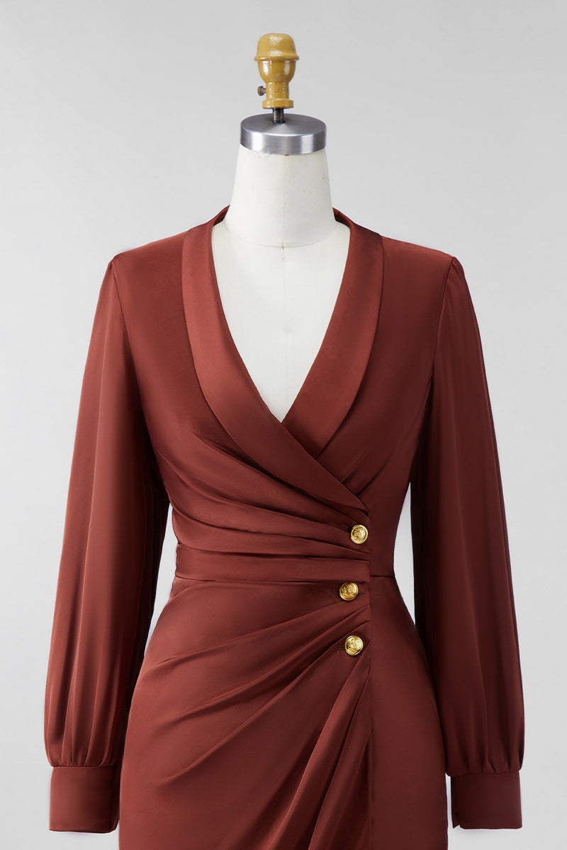 Load image into Gallery viewer, Bodycon Brown V-Neck Short Satin Mother of the Bride Dress