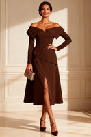 Load image into Gallery viewer, Off the Shoulder Chocolate Midi Mother of the Bride Dress with Slit