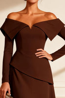Load image into Gallery viewer, Off the Shoulder Chocolate Midi Mother of the Bride Dress with Slit