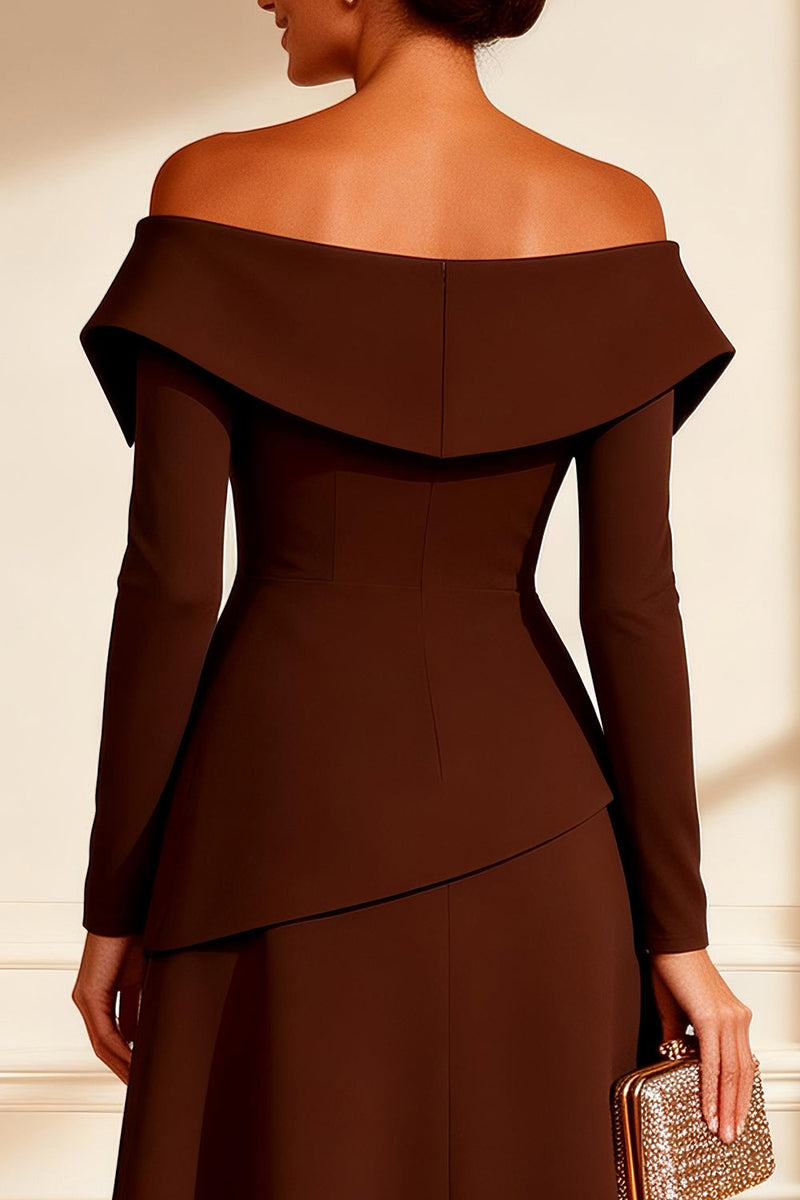 Load image into Gallery viewer, Off the Shoulder Chocolate Midi Mother of the Bride Dress with Slit