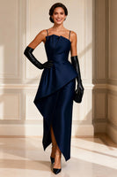 Load image into Gallery viewer, Spaghetti Straps Navy Ruched Asymmetrical Mother of the Bride Dress