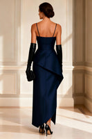 Load image into Gallery viewer, Spaghetti Straps Navy Ruched Asymmetrical Mother of the Bride Dress
