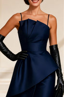 Load image into Gallery viewer, Spaghetti Straps Navy Ruched Asymmetrical Mother of the Bride Dress