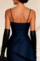 Load image into Gallery viewer, Spaghetti Straps Navy Ruched Asymmetrical Mother of the Bride Dress