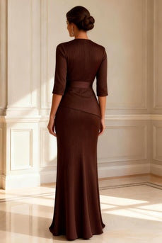 Round Neck Sheath Chocolate Long Mother of the Bride Dress with Slit