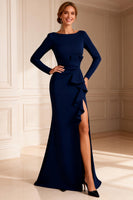 Load image into Gallery viewer, Mermaid Navy Boat Neck Ruffled Long Mother of the Bride Dress with Slit