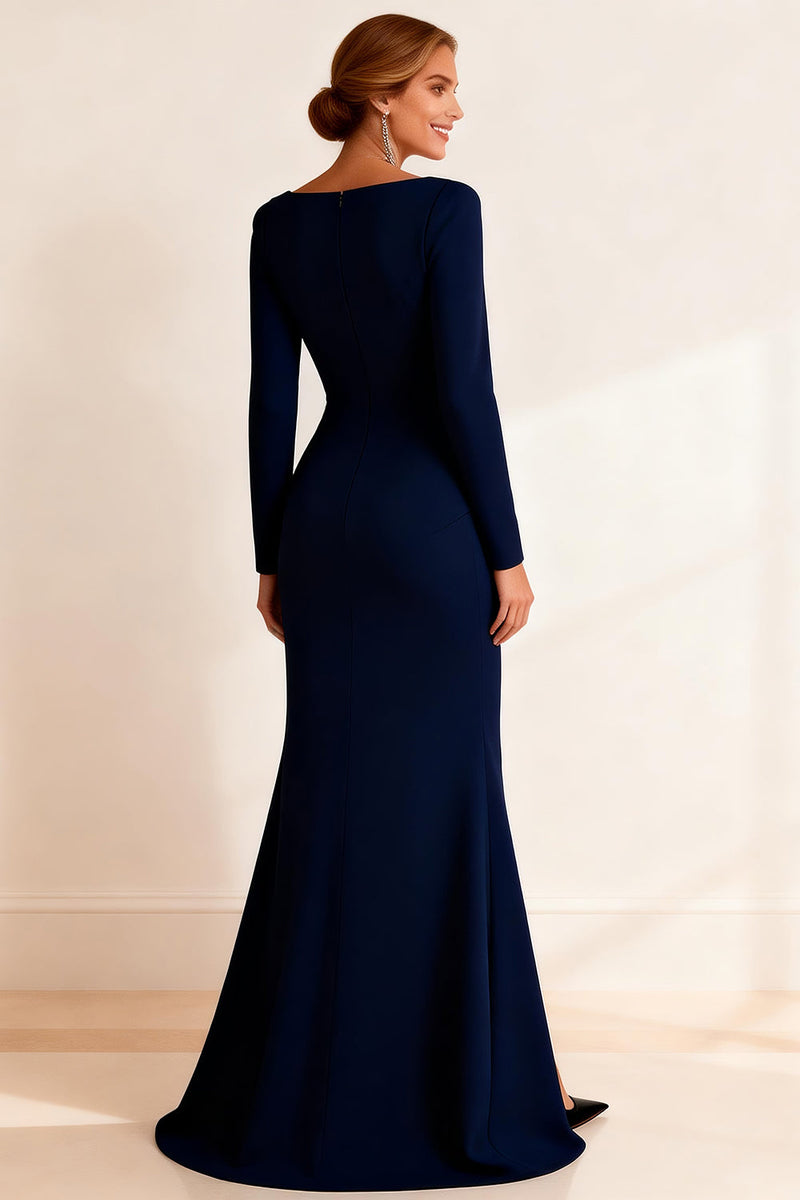 Load image into Gallery viewer, Mermaid Navy Boat Neck Ruffled Long Mother of the Bride Dress with Slit
