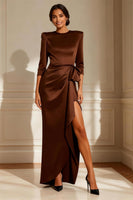 Load image into Gallery viewer, Satin Chocolate Round Neck Long Mother of the Bride Dress with Sash