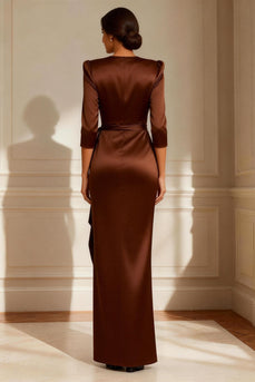 Satin Chocolate Round Neck Long Mother of the Bride Dress with Sash