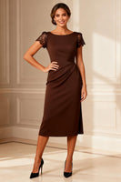 Load image into Gallery viewer, Brown Boat Neck Bodycon Midi Mother of the Bride Dress with Lace