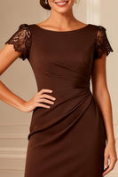 Load image into Gallery viewer, Brown Boat Neck Bodycon Midi Mother of the Bride Dress with Lace