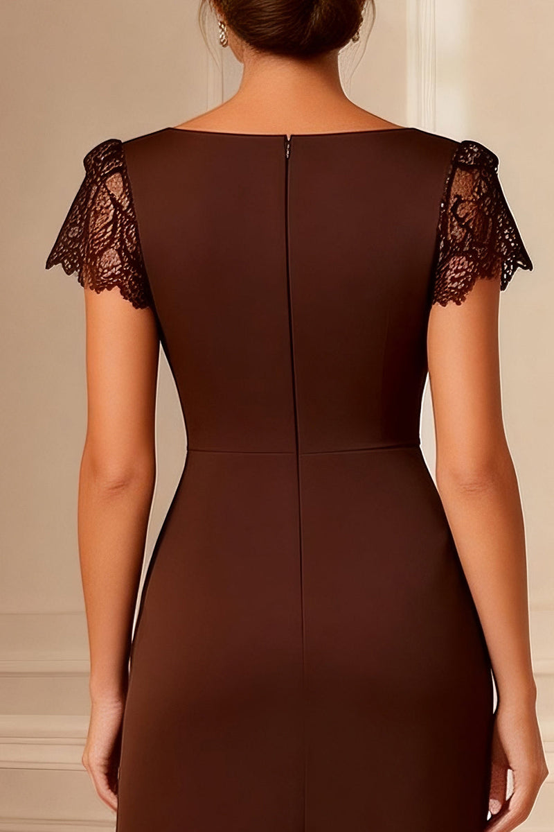 Load image into Gallery viewer, Brown Boat Neck Bodycon Midi Mother of the Bride Dress with Lace