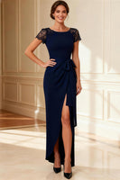 Load image into Gallery viewer, Sheath Navy Boat Neck Long Mother of the Bride Dress with Lace