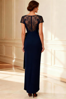 Sheath Navy Boat Neck Long Mother of the Bride Dress with Lace
