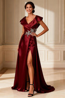 Load image into Gallery viewer, Sparkly A Line Burgundy V-Neck Long Mother of the Bride Dress with Slit