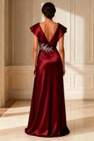 Load image into Gallery viewer, Sparkly A Line Burgundy V-Neck Long Mother of the Bride Dress with Slit