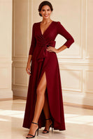 Load image into Gallery viewer, Burgundy V-Neck Long Ruched Mother of the Bride Dress with Slit