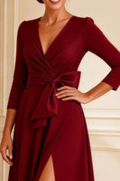 Load image into Gallery viewer, Burgundy V-Neck Long Ruched Mother of the Bride Dress with Slit