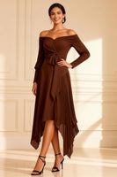 Load image into Gallery viewer, Brown Off the Shoulder Pleated Asymmetrical Mother of the Bride Dress