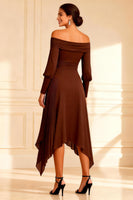 Load image into Gallery viewer, Brown Off the Shoulder Pleated Asymmetrical Mother of the Bride Dress