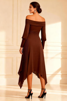 Brown Off the Shoulder Pleated Asymmetrical Mother of the Bride Dress