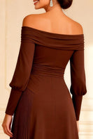 Load image into Gallery viewer, Brown Off the Shoulder Pleated Asymmetrical Mother of the Bride Dress
