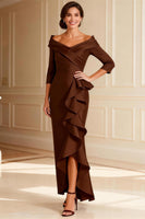 Load image into Gallery viewer, Chocolate Off the Shoulder High Low Ruffled Mother of the Bride Dress with Sleeves