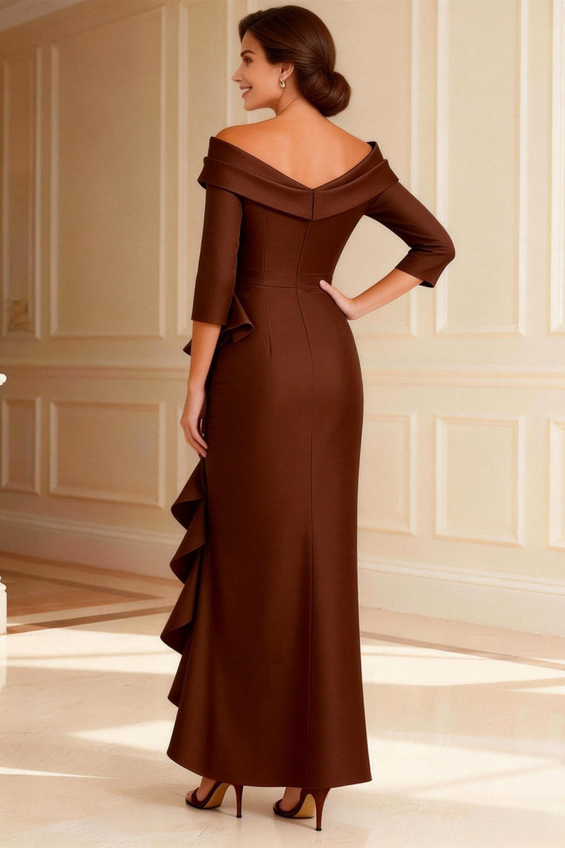 Load image into Gallery viewer, Chocolate Off the Shoulder High Low Ruffled Mother of the Bride Dress with Sleeves