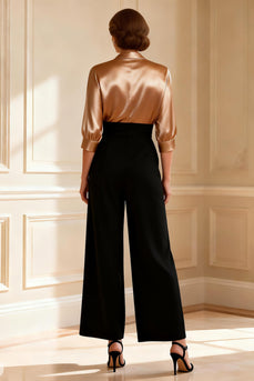 Black and Champagne V-Neck Long Satin Mother of the Bride Jumpsuits