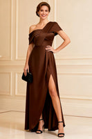 Load image into Gallery viewer, One Shoulder Chocolate A Line Long Mother of the Bride Dress with Slit