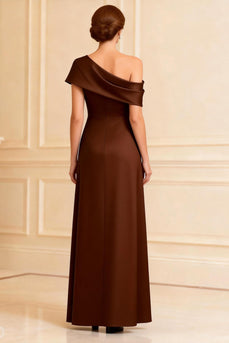 One Shoulder Chocolate A Line Long Mother of the Bride Dress with Slit