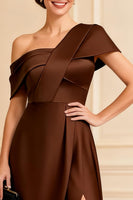 Load image into Gallery viewer, One Shoulder Chocolate A Line Long Mother of the Bride Dress with Slit