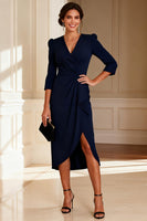 Load image into Gallery viewer, Bodycon Navy V Neck Midi Mother of the Bride Dress with Sleeves